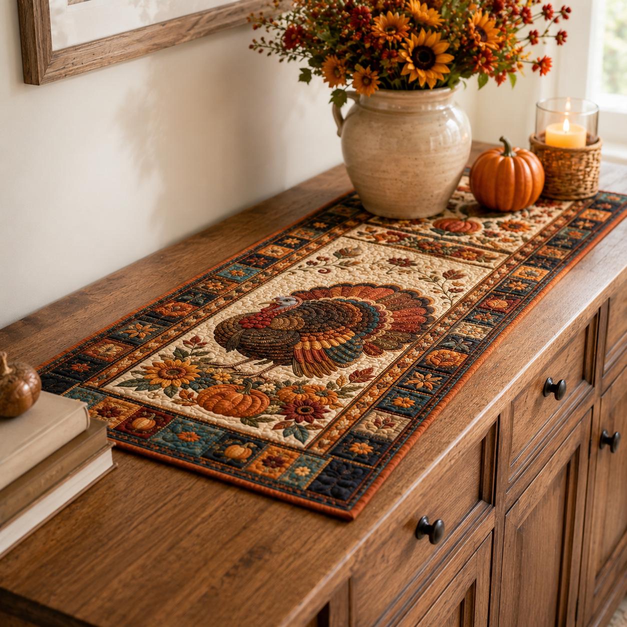 Thanksgiving Turkey Quilted Style Table Runner and Table Runners – Fall Harvest Decor with Autumn Leaf Print - photo 6