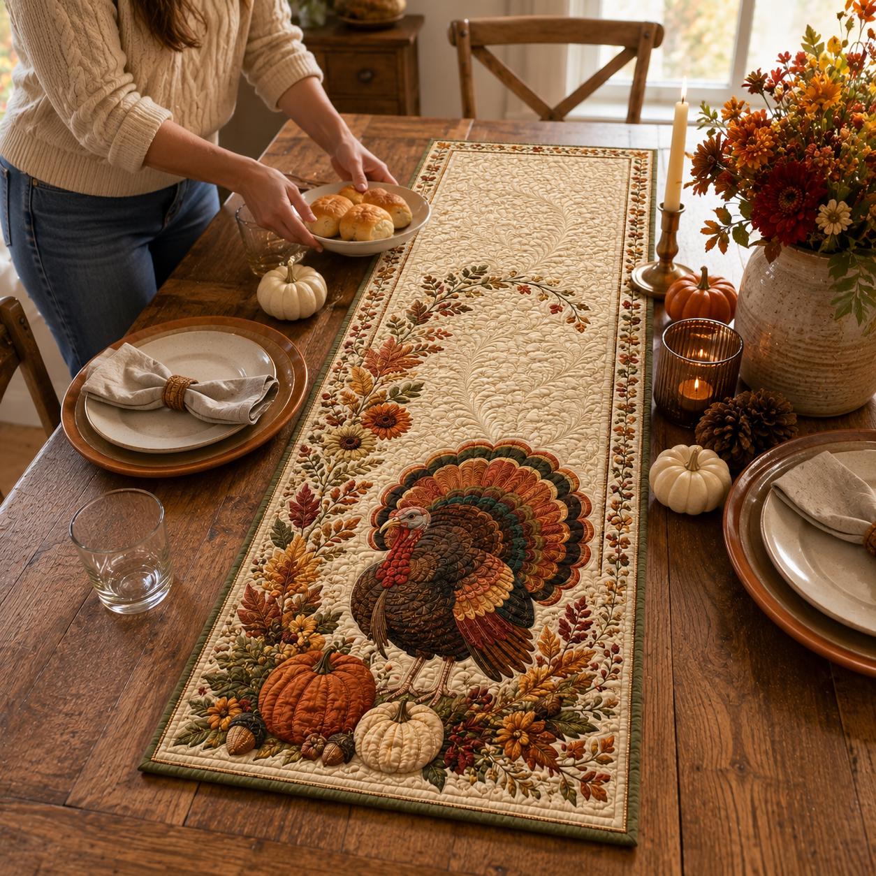 Thanksgiving Turkey Quilted Style Table Runner and Table Runners – Fall Harvest Decor with Autumn Leaf Print - photo 7