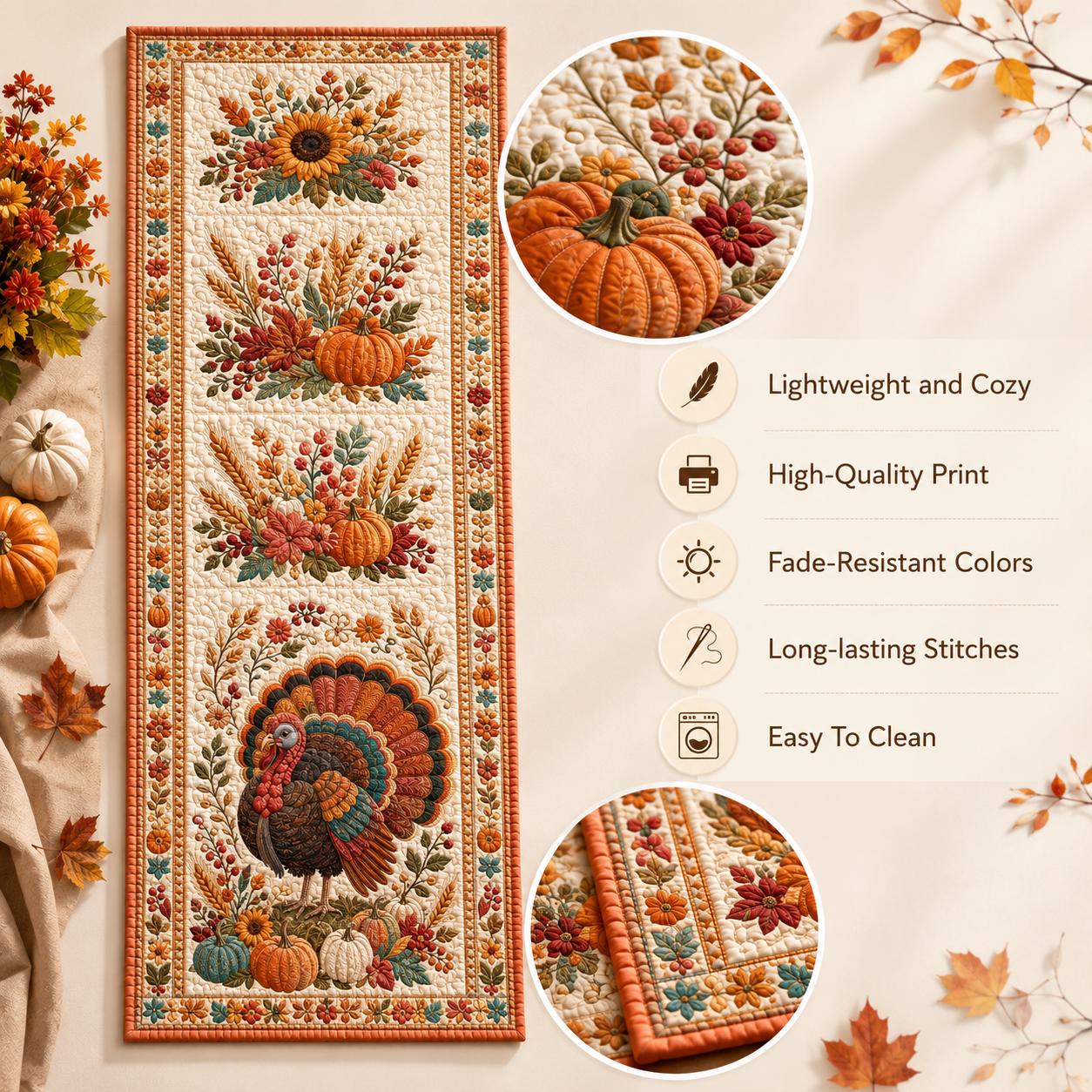 Thanksgiving Turkey Quilted Style Table Runner and Table Runners – Fall Harvest Decor with Autumn Leaf Print - photo 8