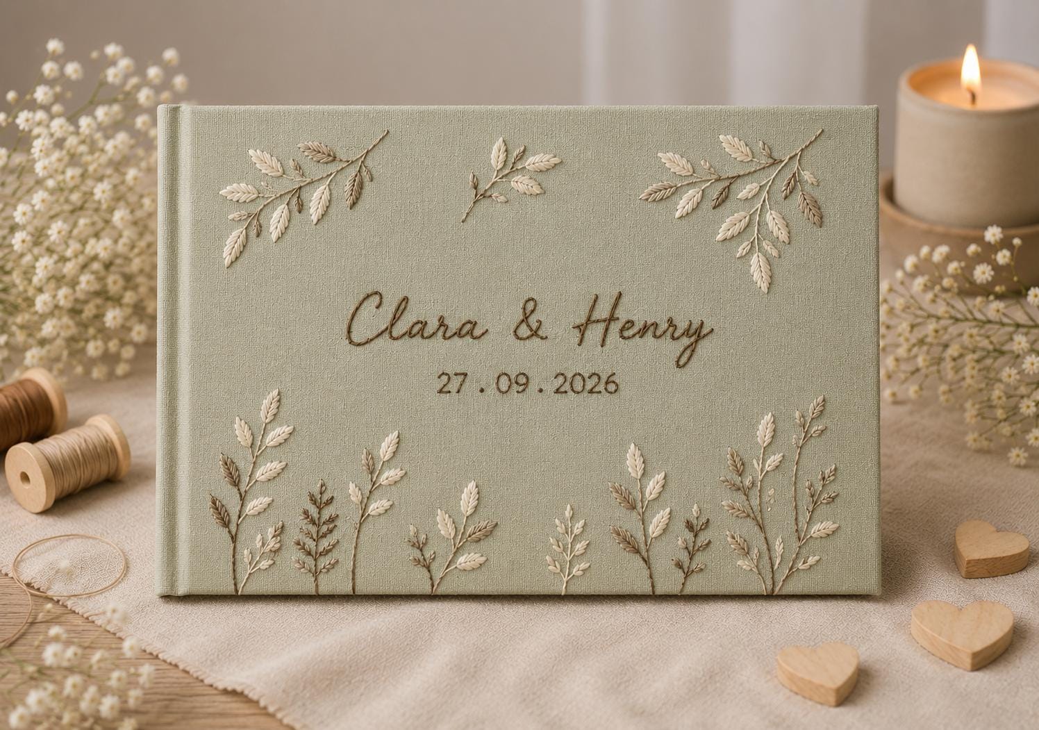 Personalized Hand Embroidered Wedding Guest Book and Photo Album with Hand Stitched Botanical Leaves – Custom Couple Name Bridal Keepsake