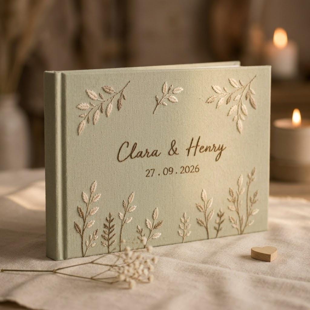 Personalized Hand Embroidered Wedding Guest Book and Photo Album with Hand Stitched Botanical Leaves – Custom Couple Name Bridal Keepsake - photo 2
