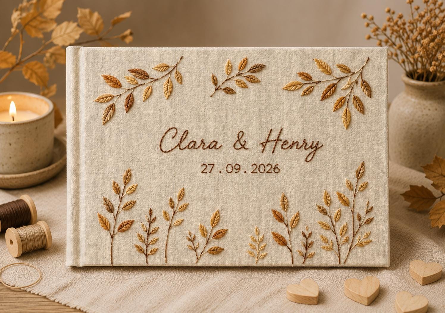 Personalized Hand Embroidered Wedding Guest Book and Photo Album with Hand Stitched Botanical Leaves – Custom Couple Name Bridal Keepsake - photo 3