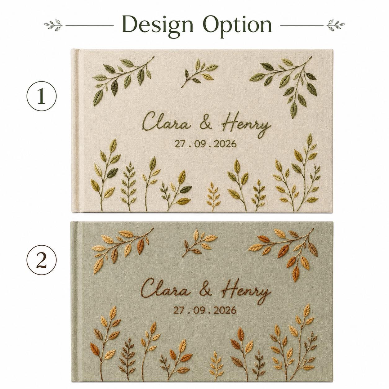 Personalized Hand Embroidered Wedding Guest Book and Photo Album with Hand Stitched Botanical Leaves – Custom Couple Name Bridal Keepsake - photo 4