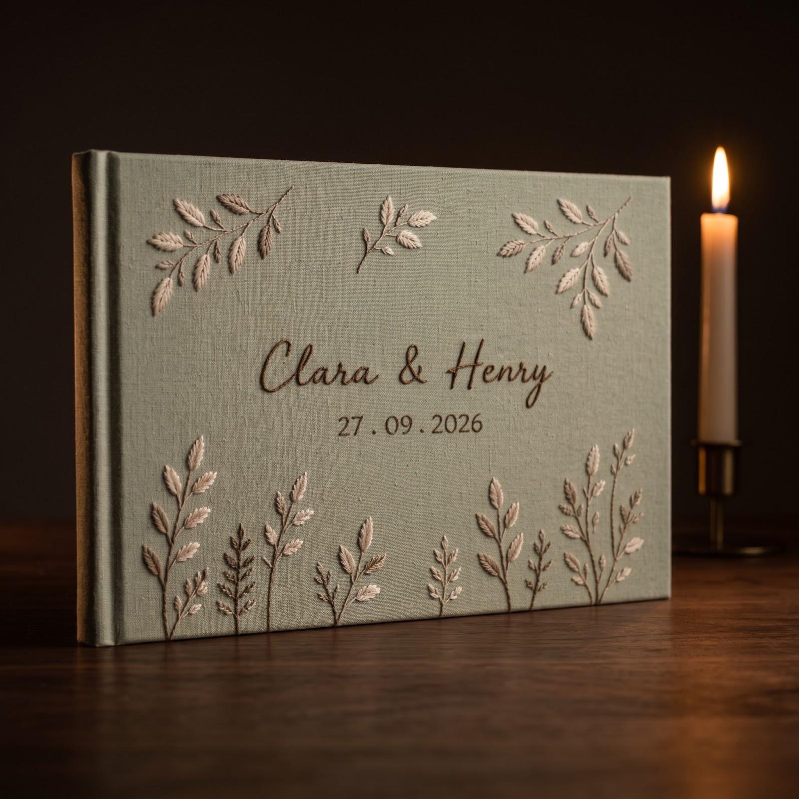 Personalized Hand Embroidered Wedding Guest Book and Photo Album with Hand Stitched Botanical Leaves – Custom Couple Name Bridal Keepsake - photo 9