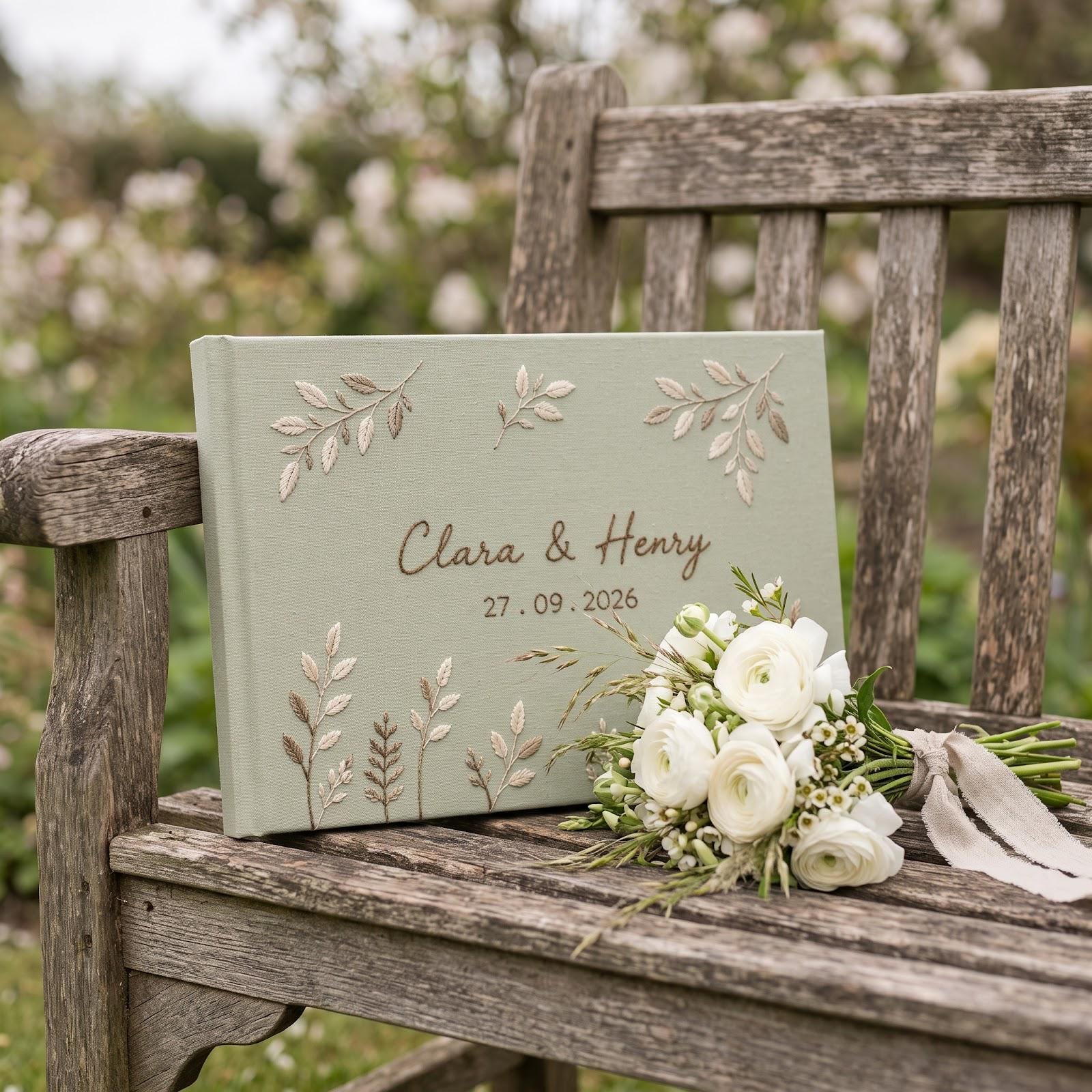 Personalized Hand Embroidered Wedding Guest Book and Photo Album with Hand Stitched Botanical Leaves – Custom Couple Name Bridal Keepsake - photo 10