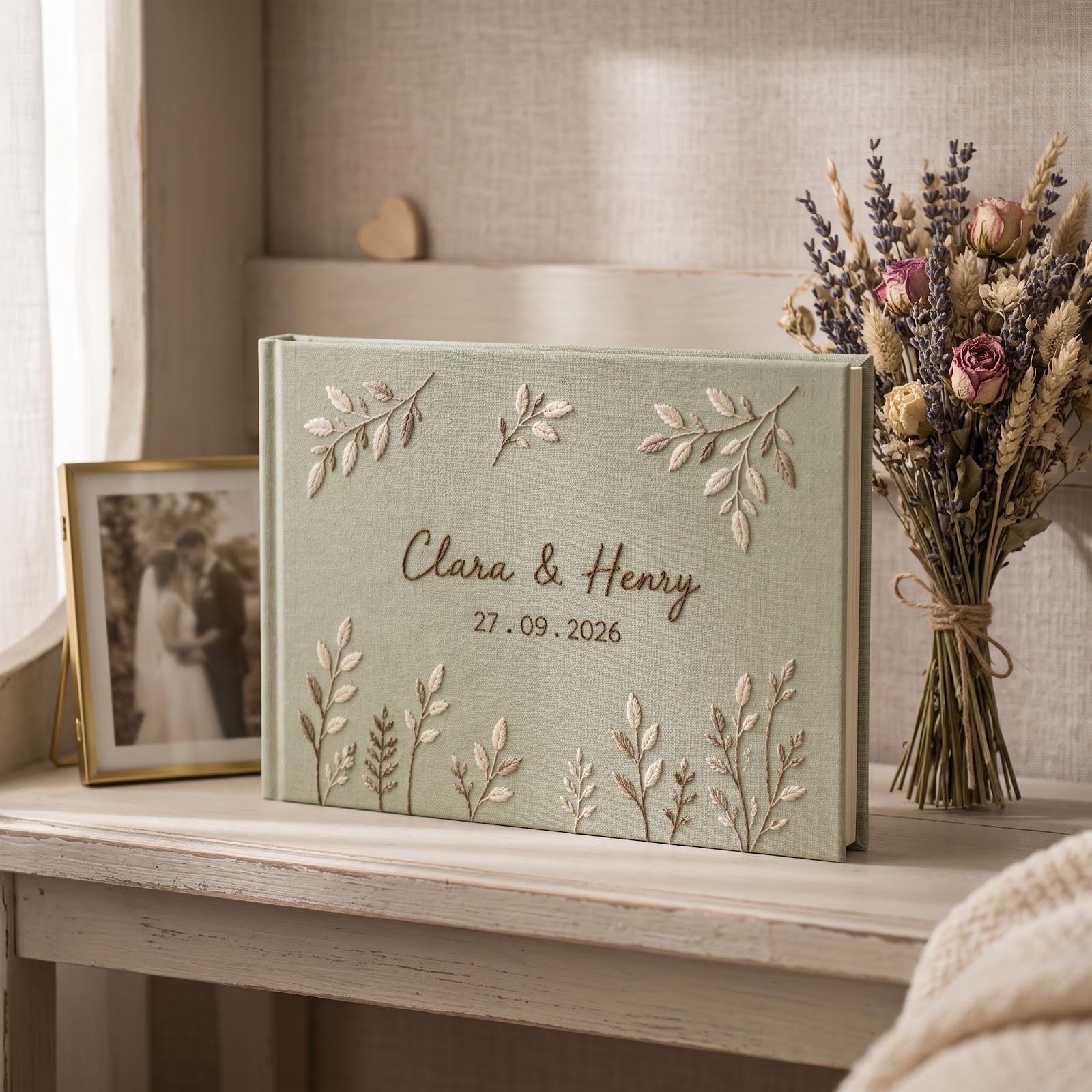 Personalized Hand Embroidered Wedding Guest Book and Photo Album with Hand Stitched Botanical Leaves – Custom Couple Name Bridal Keepsake - photo 11