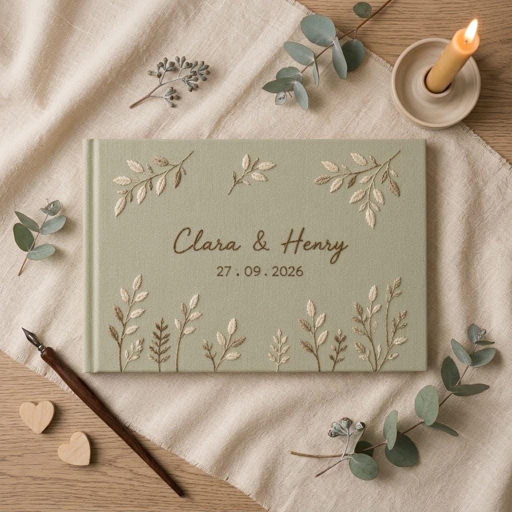 Personalized Hand Embroidered Wedding Guest Book and Photo Album with Hand Stitched Botanical Leaves – Custom Couple Name Bridal Keepsake - photo 12