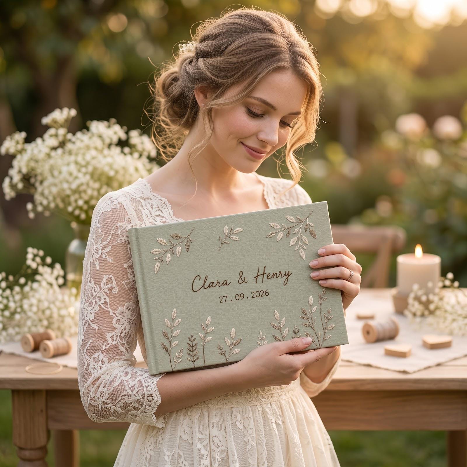 Personalized Hand Embroidered Wedding Guest Book and Photo Album with Hand Stitched Botanical Leaves – Custom Couple Name Bridal Keepsake - photo 13