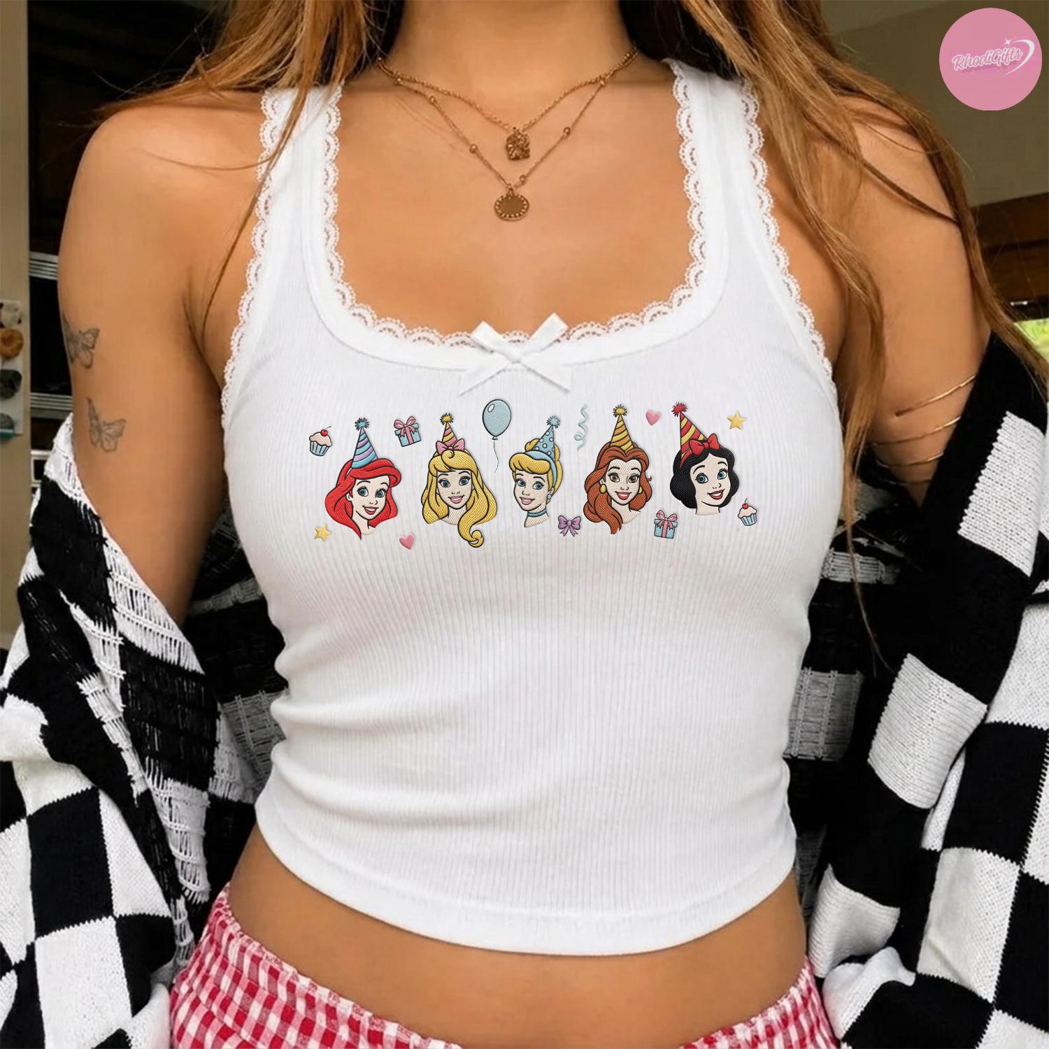 Embroidered Disney Princess Birthday Baby Tee Crop Tank with Cinderella Belle and Ariel – Girls Birthday Trip Matching Lace Trim Top