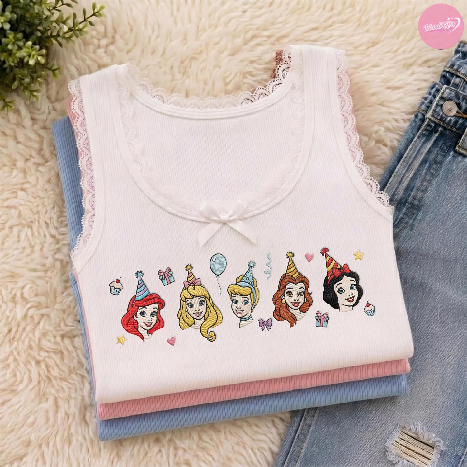 Embroidered Disney Princess Birthday Baby Tee Crop Tank with Cinderella Belle and Ariel – Girls Birthday Trip Matching Lace Trim Top - photo 2