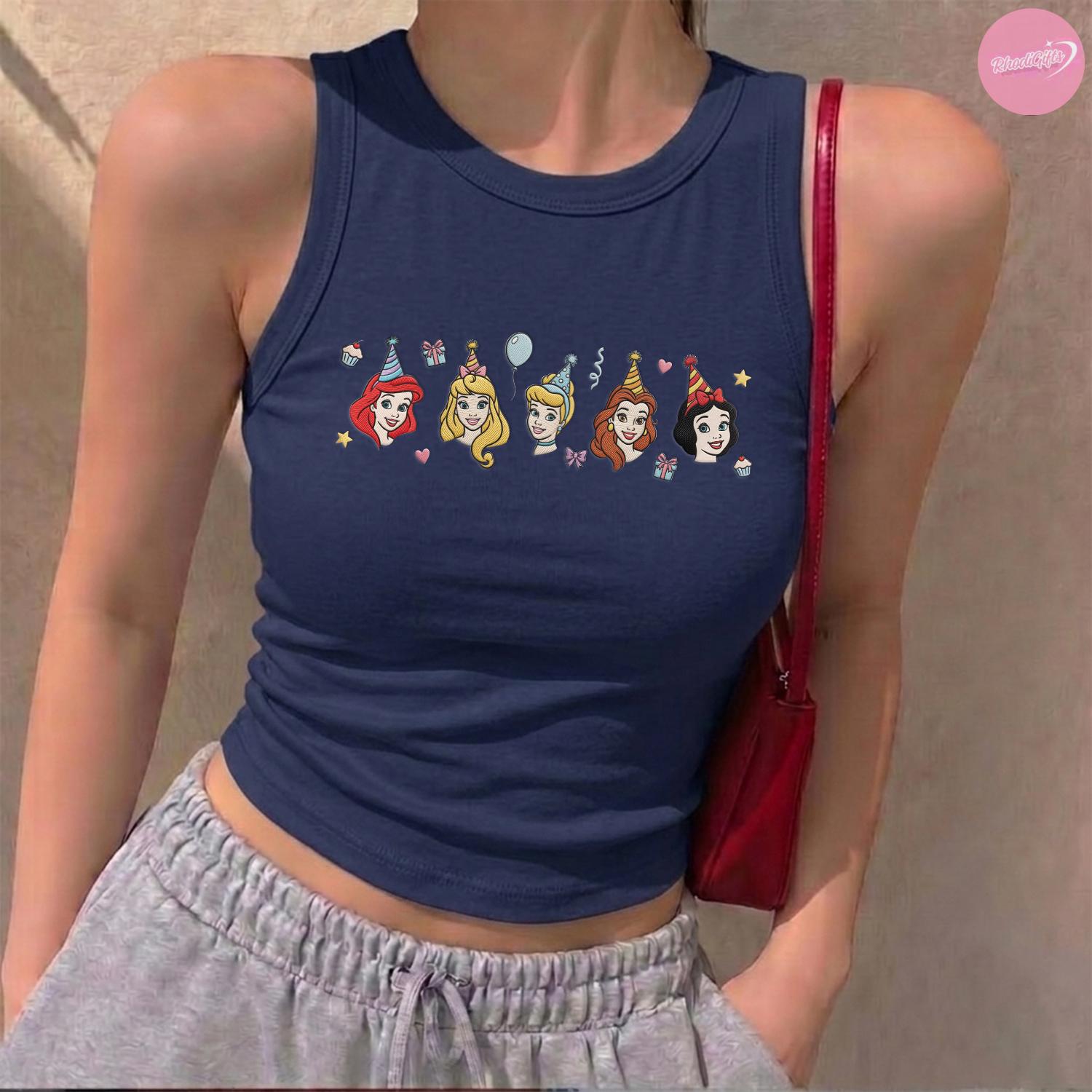 Embroidered Disney Princess Birthday Baby Tee Crop Tank with Cinderella Belle and Ariel – Girls Birthday Trip Matching Lace Trim Top - photo 4