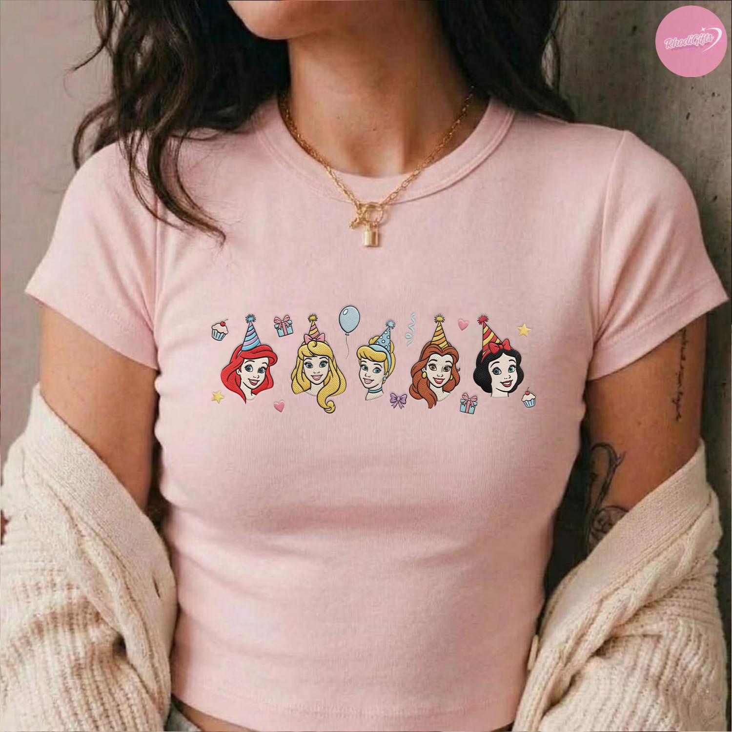 Embroidered Disney Princess Birthday Baby Tee Crop Tank with Cinderella Belle and Ariel – Girls Birthday Trip Matching Lace Trim Top - photo 6