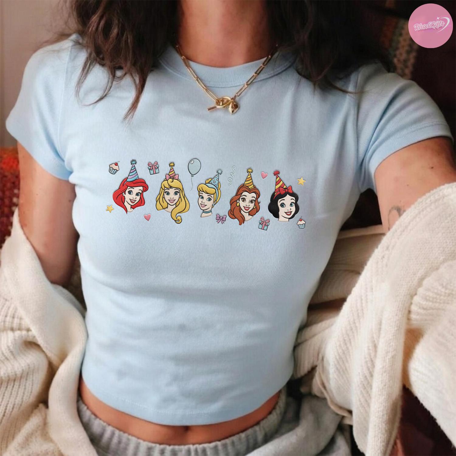 Embroidered Disney Princess Birthday Baby Tee Crop Tank with Cinderella Belle and Ariel – Girls Birthday Trip Matching Lace Trim Top - photo 7