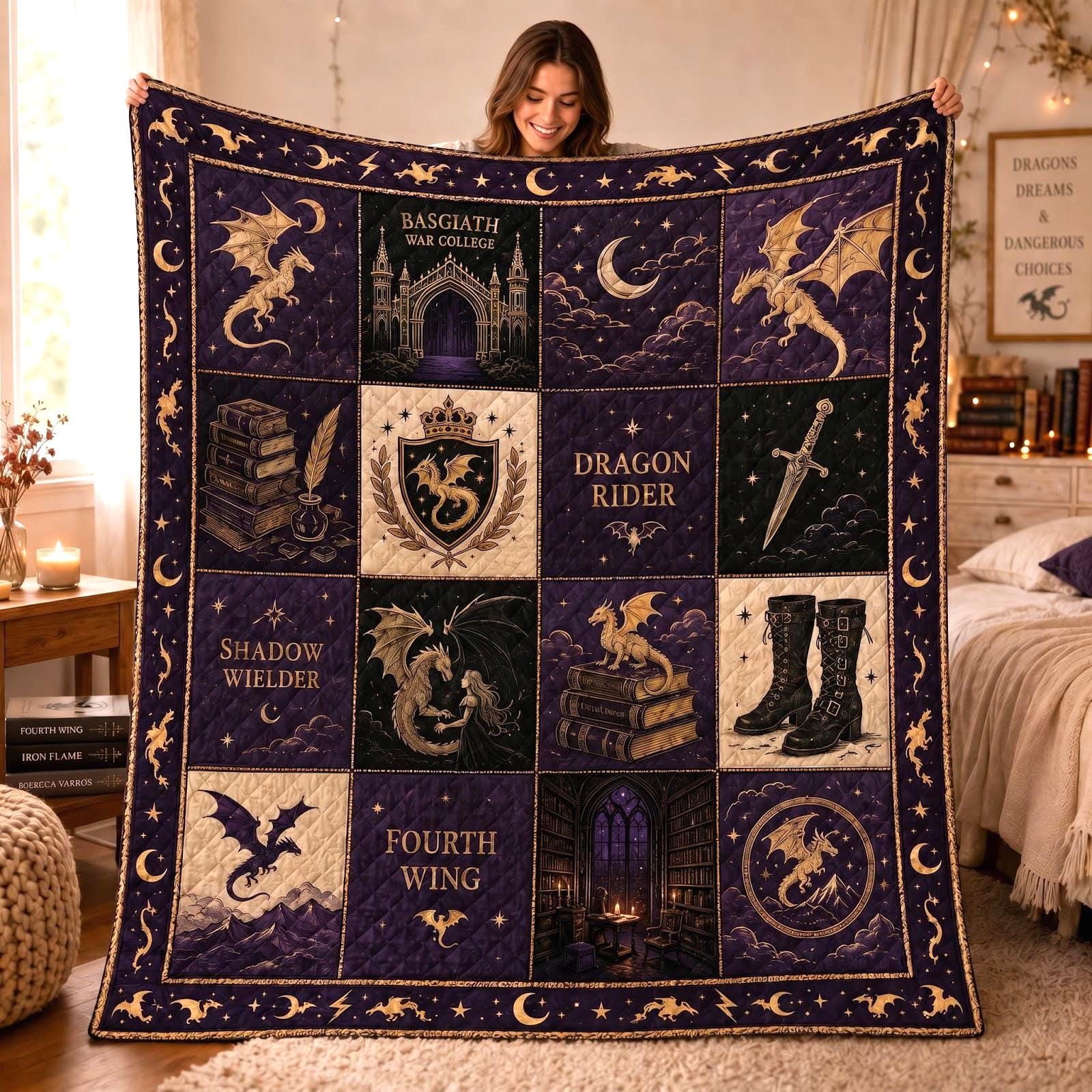 Fantasy Dragon Rider Quilted Style Reading Blanket – Bookish Patchwork Throw for Dark Academia Library Decor Gift