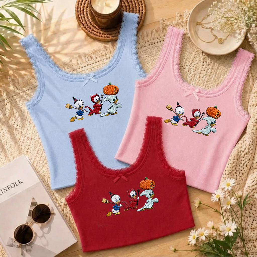 Embroidered Huey Dewey and Louie Halloween Lace Trim Tank Top – Disney WDW Disneyland Halloween Party Baby Tee Crop Tank Shirt - photo 2