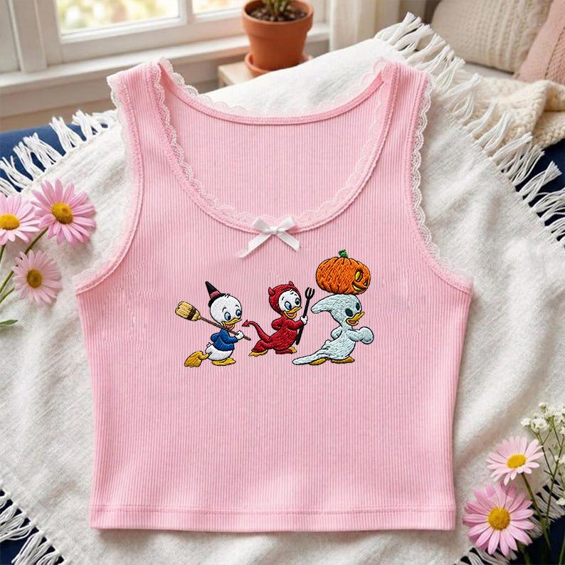 Embroidered Huey Dewey and Louie Halloween Lace Trim Tank Top – Disney WDW Disneyland Halloween Party Baby Tee Crop Tank Shirt - photo 3