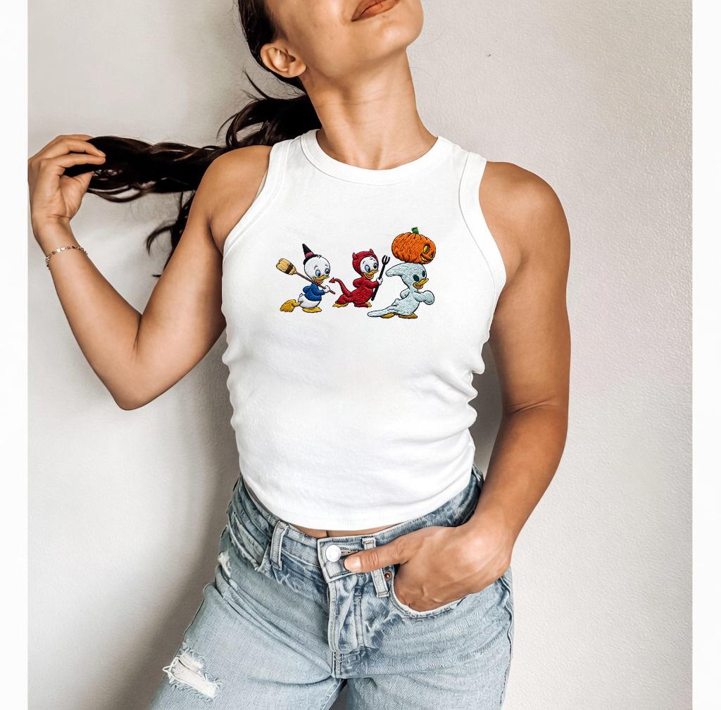 Embroidered Huey Dewey and Louie Halloween Lace Trim Tank Top – Disney WDW Disneyland Halloween Party Baby Tee Crop Tank Shirt - photo 5