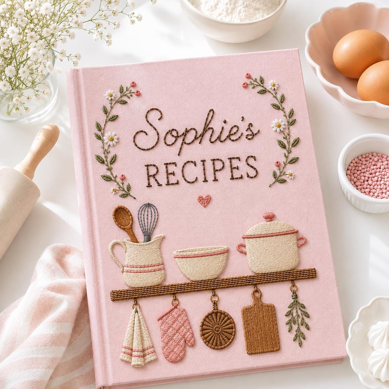Personalized Hand Embroidered Family Recipes Cookbook Journal – Custom Recipe Book with Name for Kitchen Keepsake and Gift for Baker