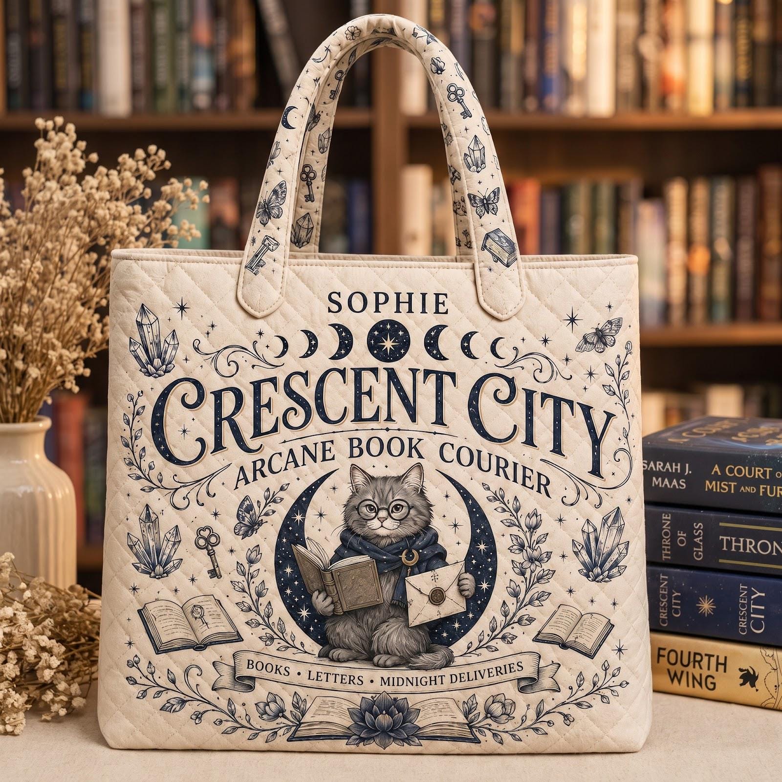 Personalized Crescent City Cat Quilted Style Tote Bag for Book Lover – Custom Name Bookish Library Bag and Fantasy Reader Gift
