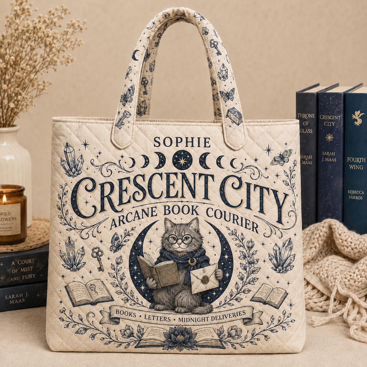 Personalized Crescent City Cat Quilted Style Tote Bag for Book Lover – Custom Name Bookish Library Bag and Fantasy Reader Gift - photo 2