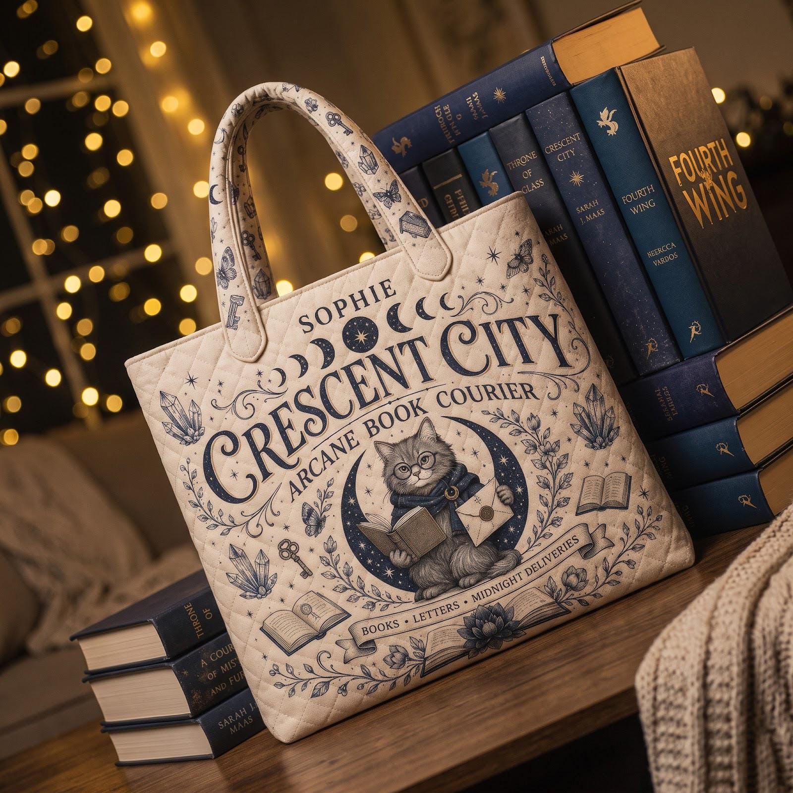 Personalized Crescent City Cat Quilted Style Tote Bag for Book Lover – Custom Name Bookish Library Bag and Fantasy Reader Gift - photo 5