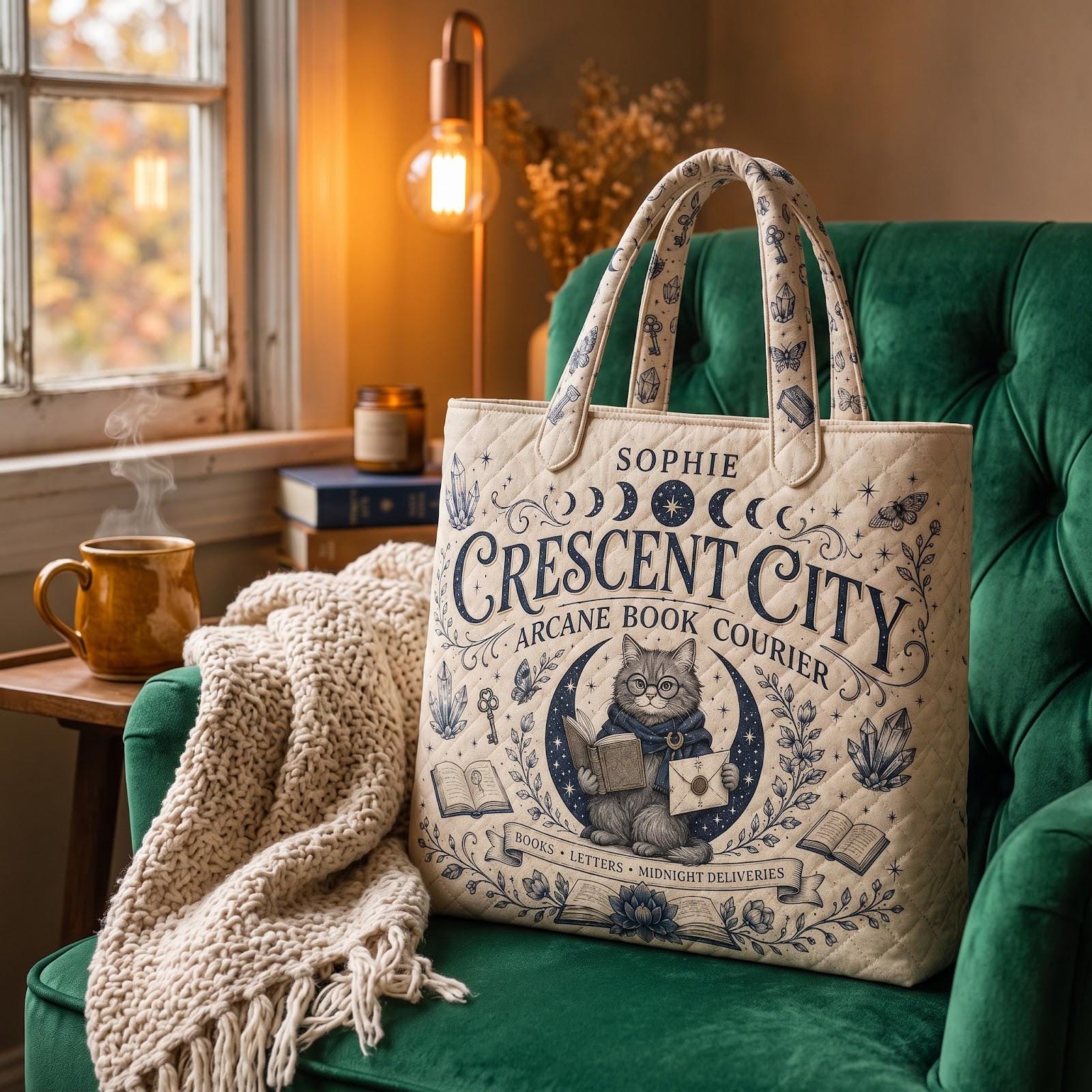 Personalized Crescent City Cat Quilted Style Tote Bag for Book Lover – Custom Name Bookish Library Bag and Fantasy Reader Gift - photo 6