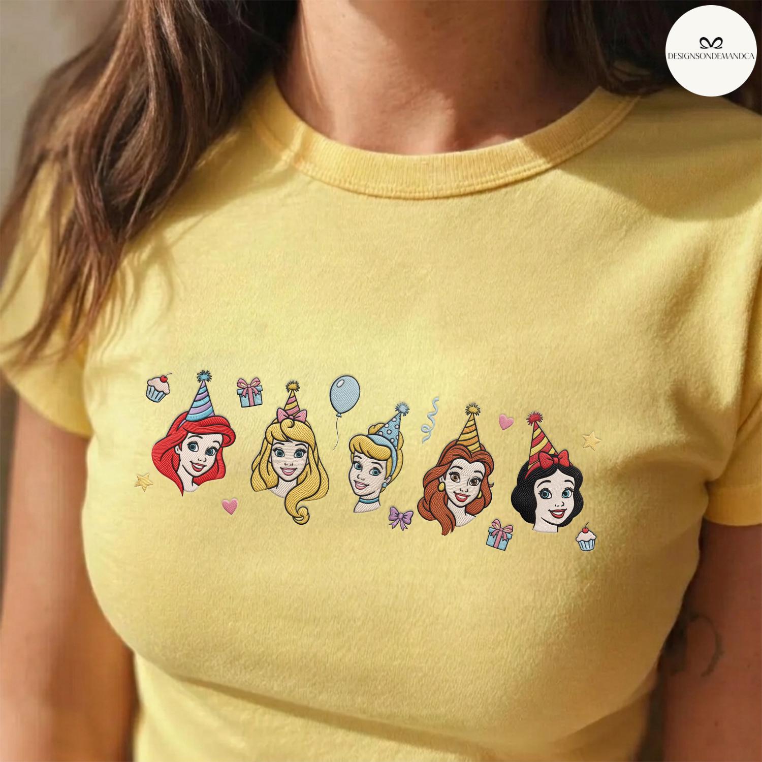Embroidered Disney Princess Birthday Baby Tee Crop Tank with Cinderella Belle and Ariel – Matching Lace Trim Tank Top for Girls Trip