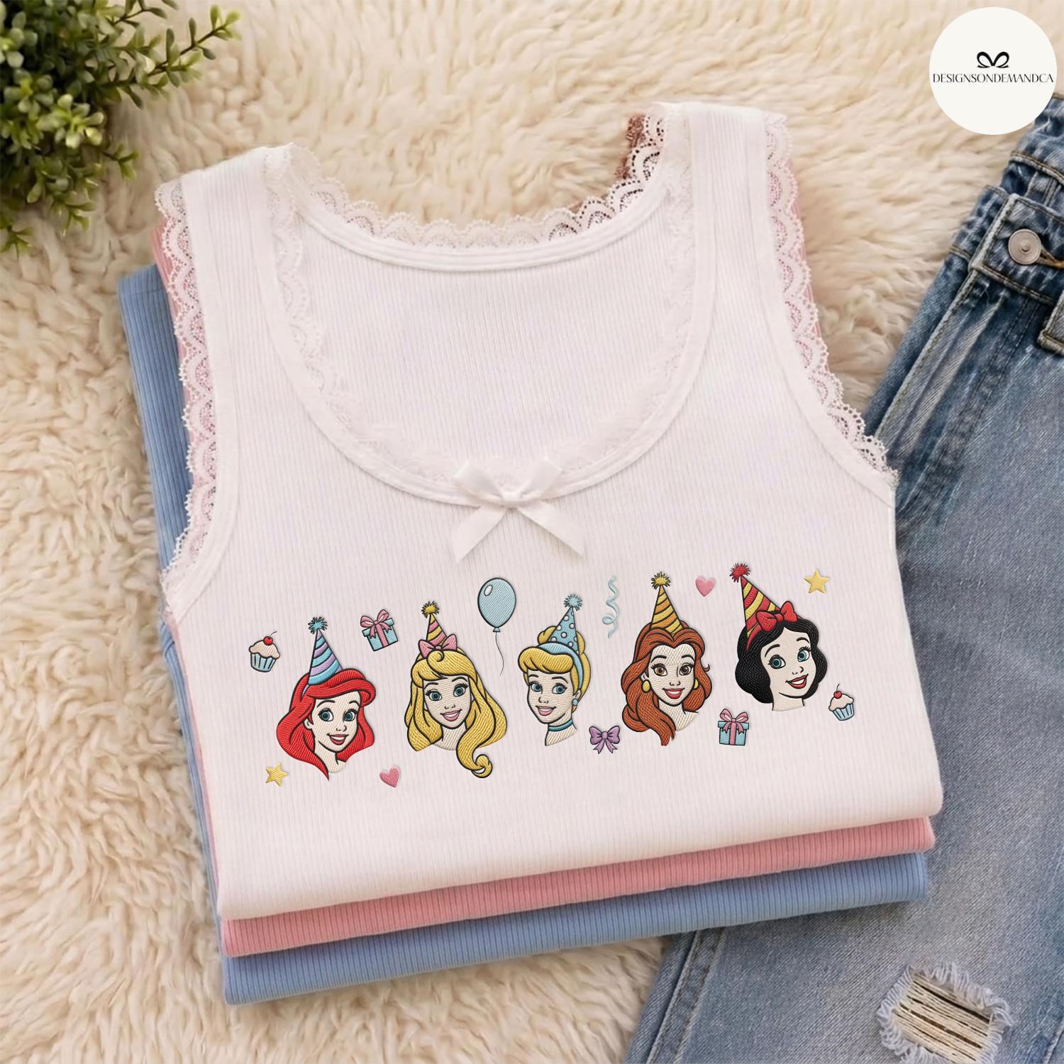 Embroidered Disney Princess Birthday Baby Tee Crop Tank with Cinderella Belle and Ariel – Matching Lace Trim Tank Top for Girls Trip - photo 2