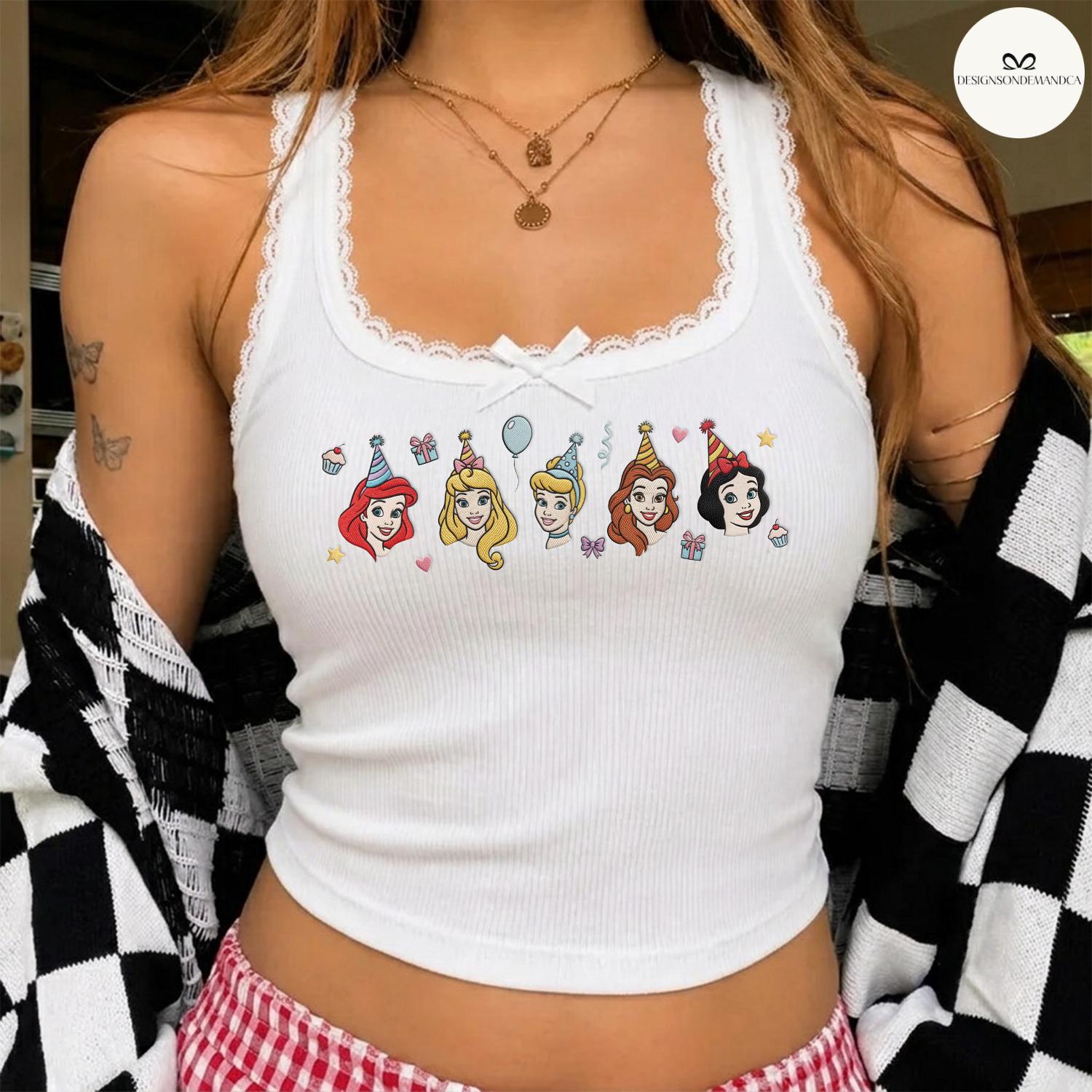 Embroidered Disney Princess Birthday Baby Tee Crop Tank with Cinderella Belle and Ariel – Matching Lace Trim Tank Top for Girls Trip - photo 3