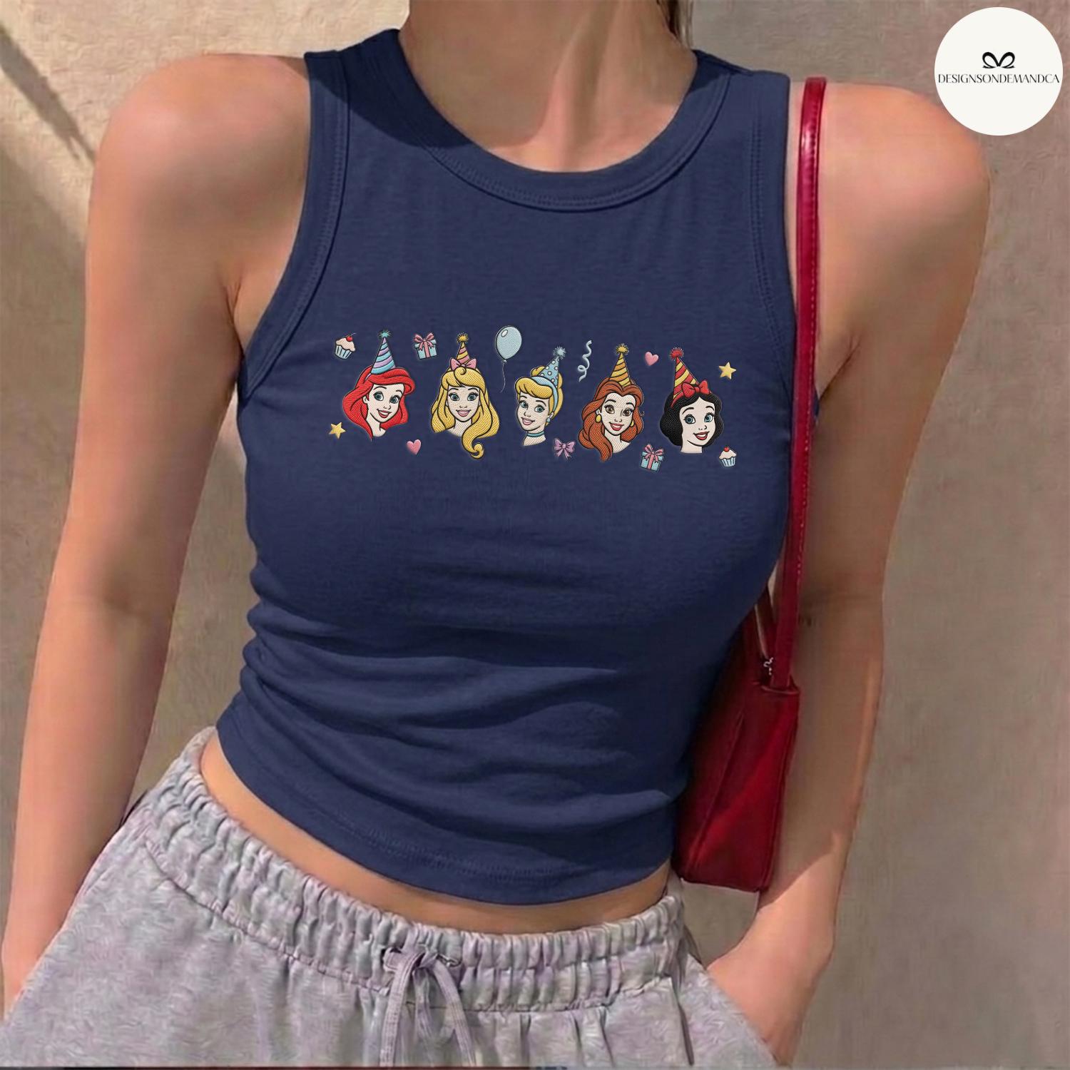 Embroidered Disney Princess Birthday Baby Tee Crop Tank with Cinderella Belle and Ariel – Matching Lace Trim Tank Top for Girls Trip - photo 5