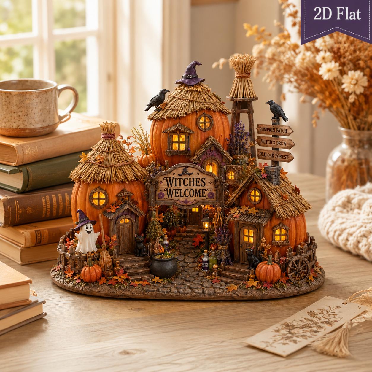 Rustic Fall Wooden Block Table Sign and Shelf Decor – Spooky Halloween Witches Welcome Housewarming Gift for Witch Cottage and Pumpkin Village