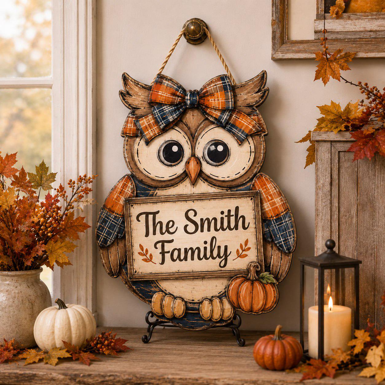 Custom Door Hanger with Halloween Owl and Personalized Spooky Wooden Front Sign for Fall Porch Decor and Owl Lover Housewarming Gift