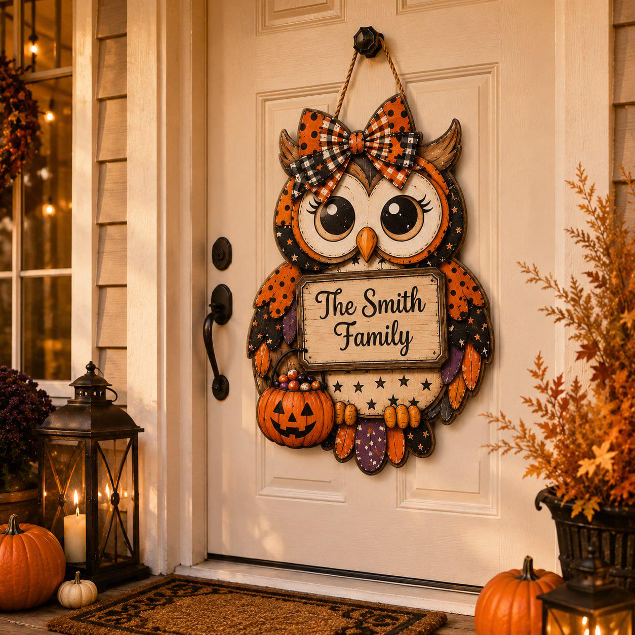 Custom Door Hanger with Halloween Owl and Personalized Spooky Wooden Front Sign for Fall Porch Decor and Owl Lover Housewarming Gift - photo 5
