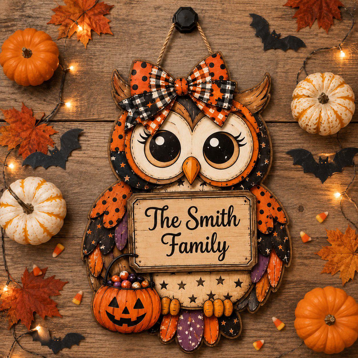 Custom Door Hanger with Halloween Owl and Personalized Spooky Wooden Front Sign for Fall Porch Decor and Owl Lover Housewarming Gift - photo 8