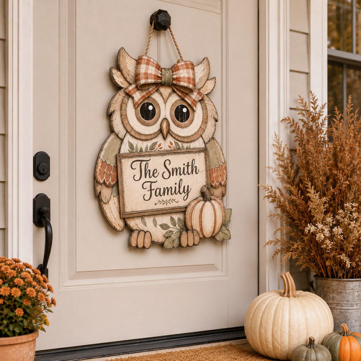 Custom Door Hanger with Halloween Owl and Personalized Spooky Wooden Front Sign for Fall Porch Decor and Owl Lover Housewarming Gift - photo 9