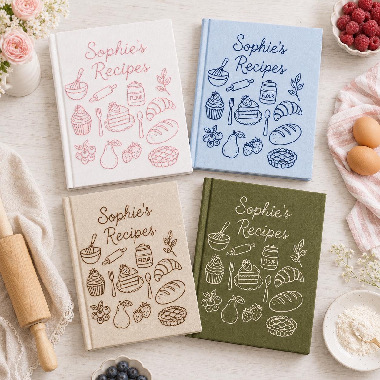 Personalized Custom Embroidered Linen Family Recipes Cookbook Journal – Handmade Notebook Recipe Book and Kitchen Gift for Mom