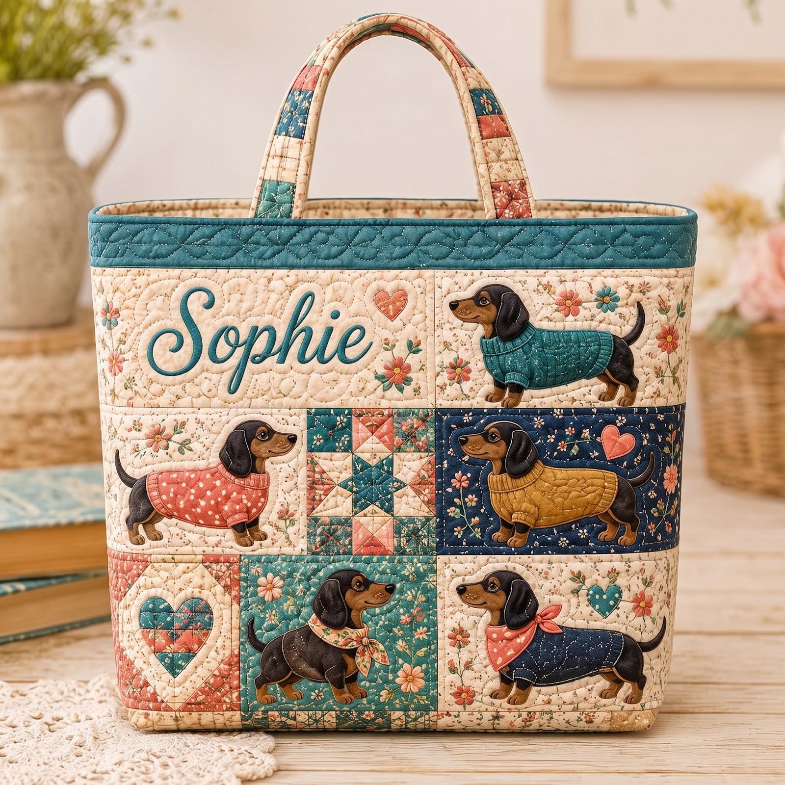 Personalized Dachshund Wiener Dog Patchwork Quilted Tote Bag – Custom Vintage Travel Carry On Weekend Duffle Pet Gift for Dog Lover