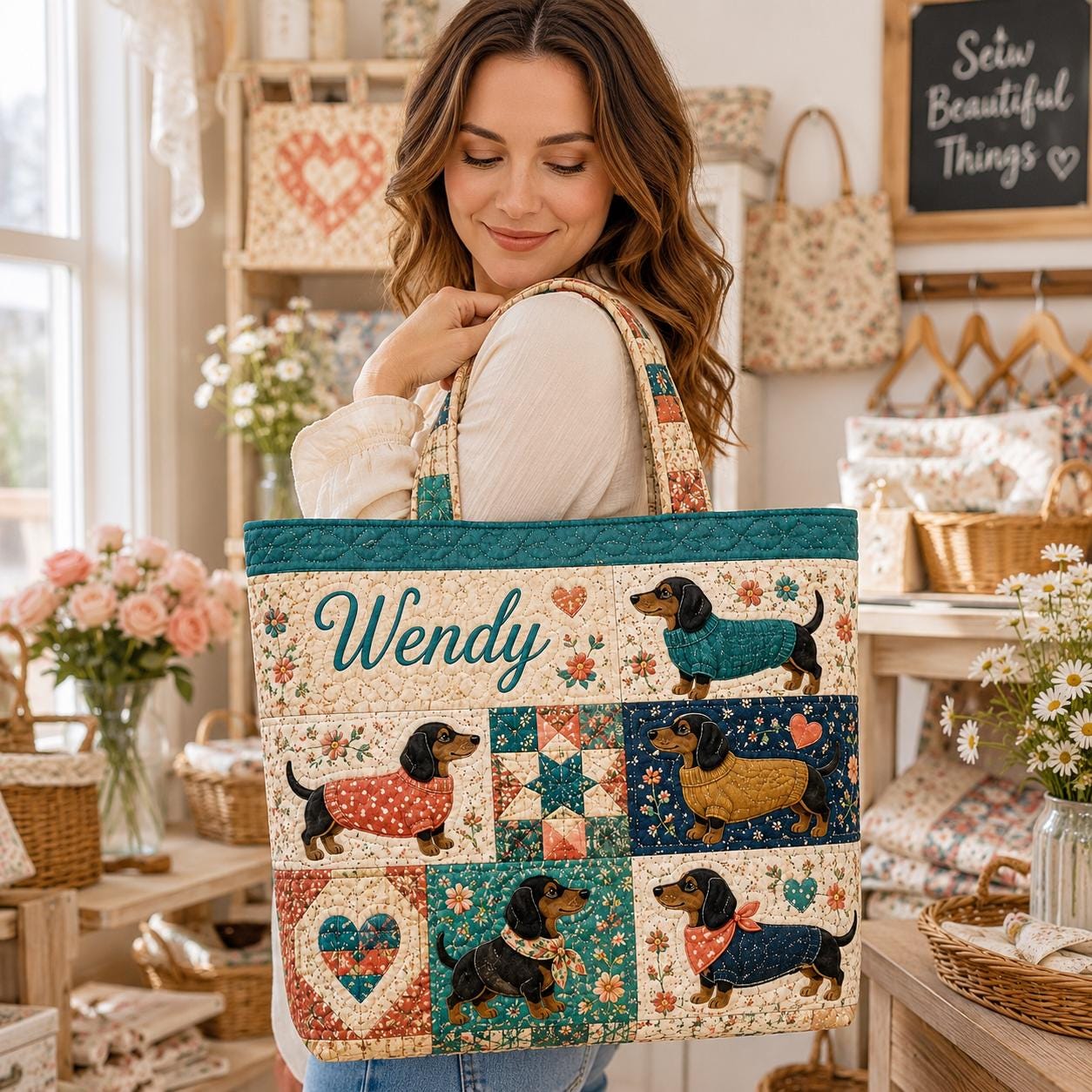 Personalized Dachshund Wiener Dog Patchwork Quilted Tote Bag – Custom Vintage Travel Carry On Weekend Duffle Pet Gift for Dog Lover - photo 2