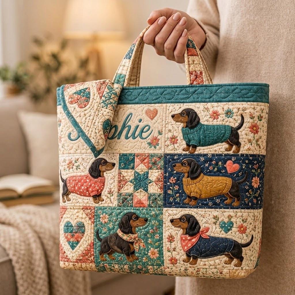 Personalized Dachshund Wiener Dog Patchwork Quilted Tote Bag – Custom Vintage Travel Carry On Weekend Duffle Pet Gift for Dog Lover - photo 3