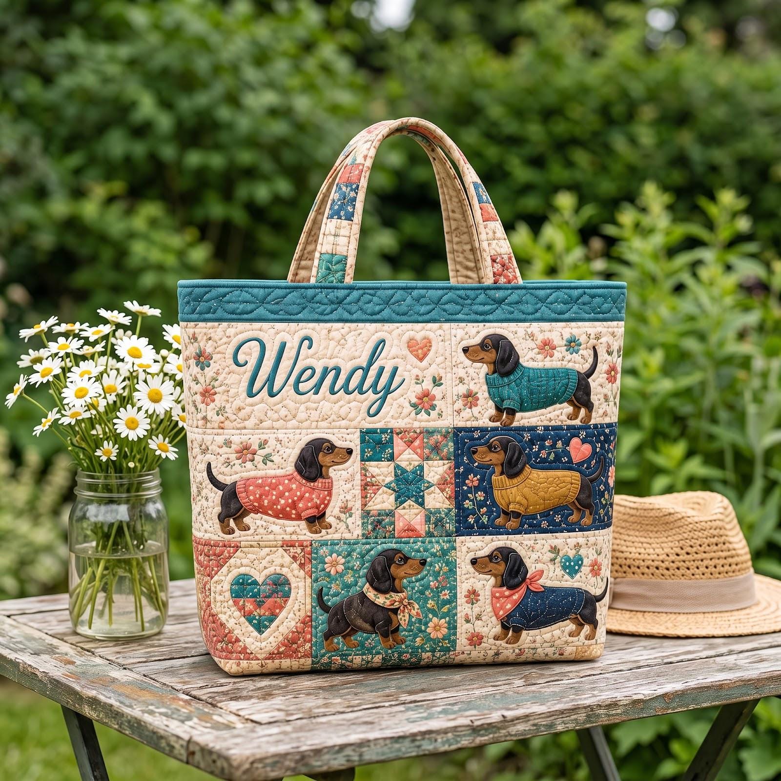 Personalized Dachshund Wiener Dog Patchwork Quilted Tote Bag – Custom Vintage Travel Carry On Weekend Duffle Pet Gift for Dog Lover - photo 5