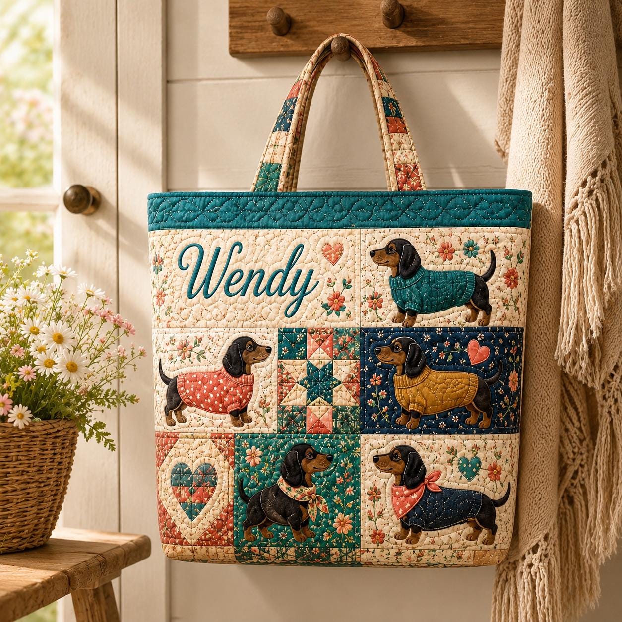 Personalized Dachshund Wiener Dog Patchwork Quilted Tote Bag – Custom Vintage Travel Carry On Weekend Duffle Pet Gift for Dog Lover - photo 7