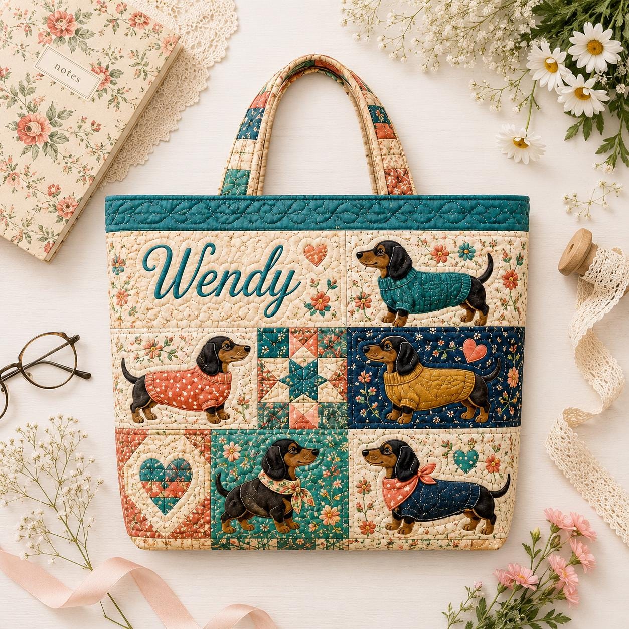 Personalized Dachshund Wiener Dog Patchwork Quilted Tote Bag – Custom Vintage Travel Carry On Weekend Duffle Pet Gift for Dog Lover - photo 8