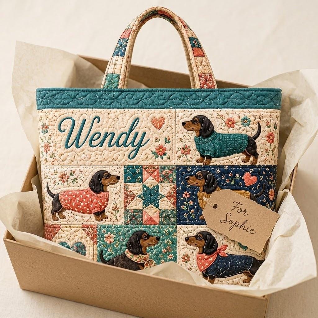 Personalized Dachshund Wiener Dog Patchwork Quilted Tote Bag – Custom Vintage Travel Carry On Weekend Duffle Pet Gift for Dog Lover - photo 9