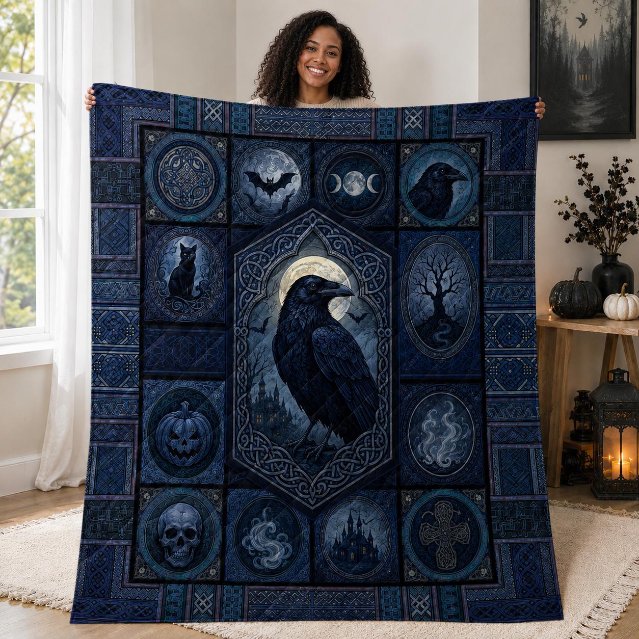 Quilt Blanket with Retro Raven Vintage Viking Throw and Norse Mythology Bedding for Gothic Cottagecore Bedroom Decor and Gift for Viking