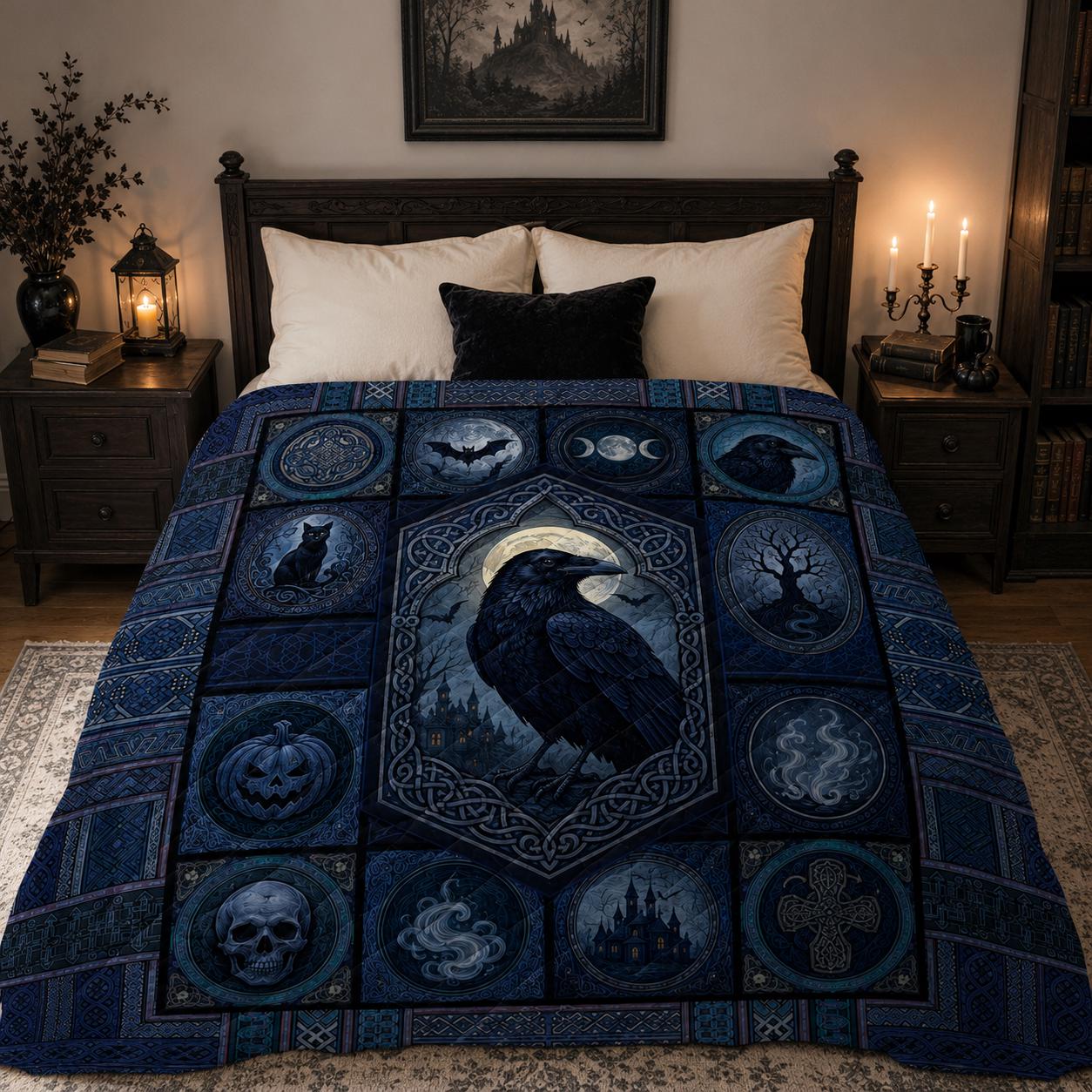 Quilt Blanket with Retro Raven Vintage Viking Throw and Norse Mythology Bedding for Gothic Cottagecore Bedroom Decor and Gift for Viking - photo 2