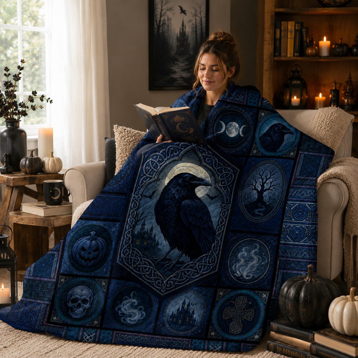 Quilt Blanket with Retro Raven Vintage Viking Throw and Norse Mythology Bedding for Gothic Cottagecore Bedroom Decor and Gift for Viking - photo 3