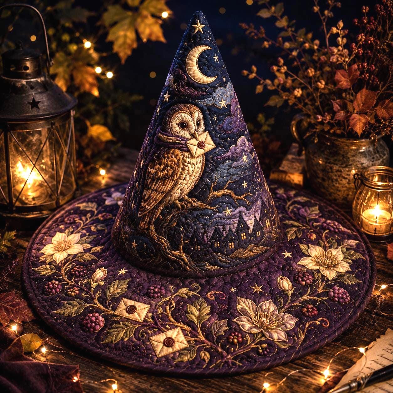 Quilted Witch Hat with Owl Moon Magic Fabric Decor and Handmade Gothic Fall Table Centerpiece for Halloween