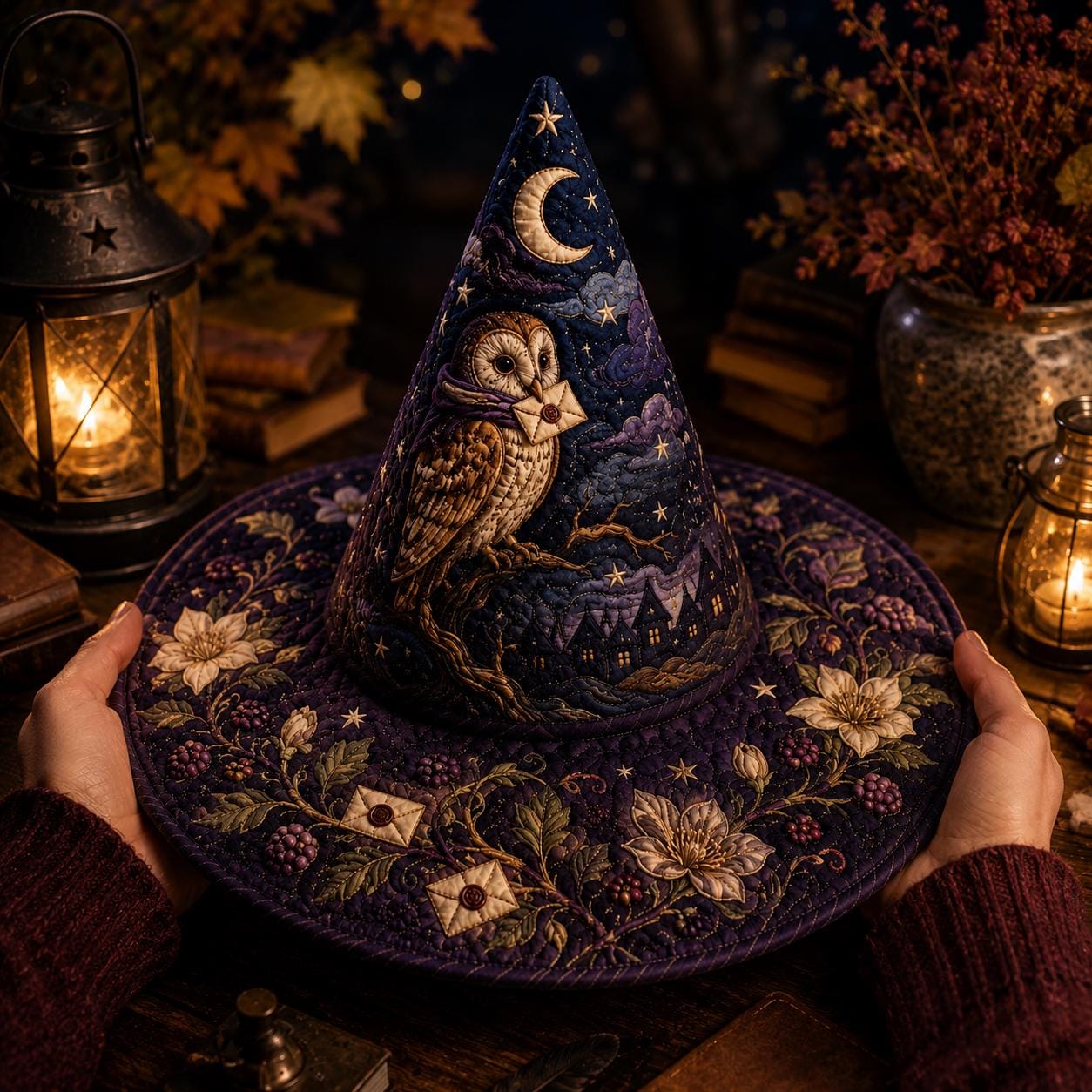 Quilted Witch Hat with Owl Moon Magic Fabric Decor and Handmade Gothic Fall Table Centerpiece for Halloween - photo 2