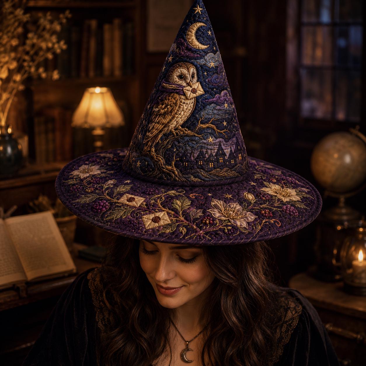 Quilted Witch Hat with Owl Moon Magic Fabric Decor and Handmade Gothic Fall Table Centerpiece for Halloween - photo 3