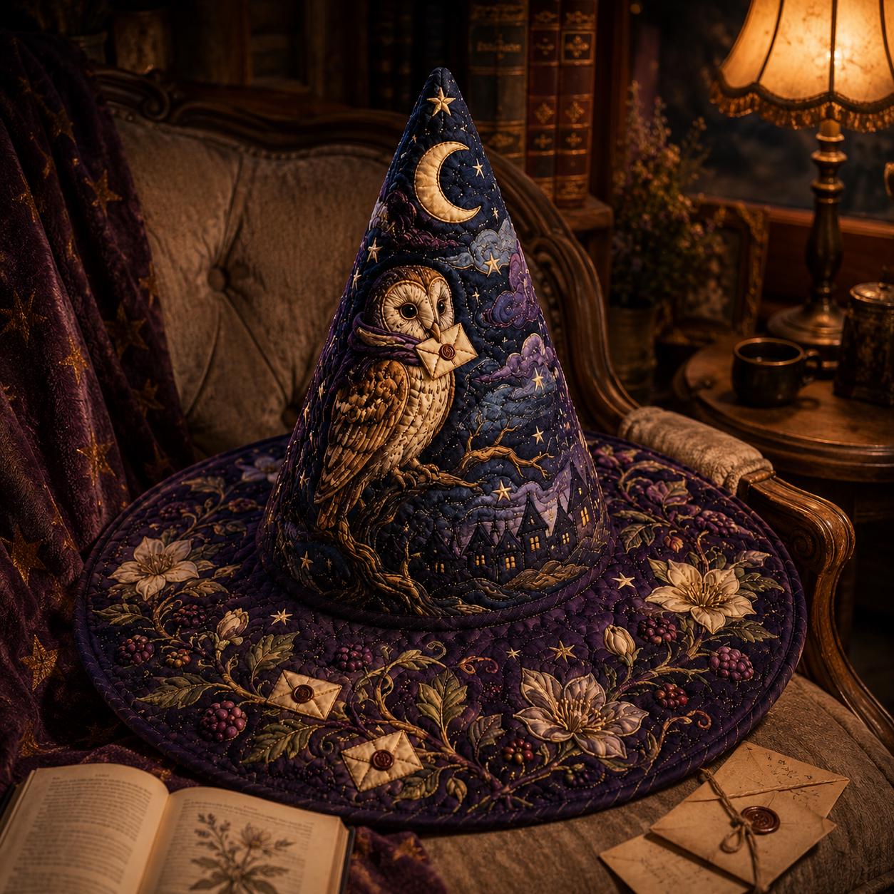 Quilted Witch Hat with Owl Moon Magic Fabric Decor and Handmade Gothic Fall Table Centerpiece for Halloween - photo 4